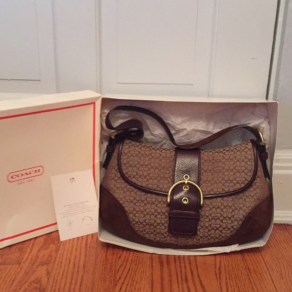 Coach suede, leather and logo-print shoulder bag